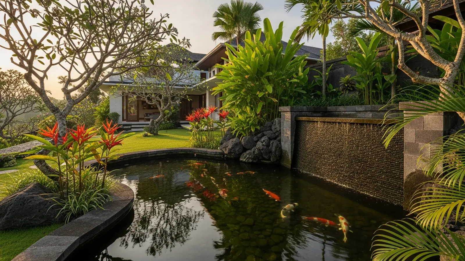 Tirta Gardens — tropical Bali villa garden with koi pond and stone water feature